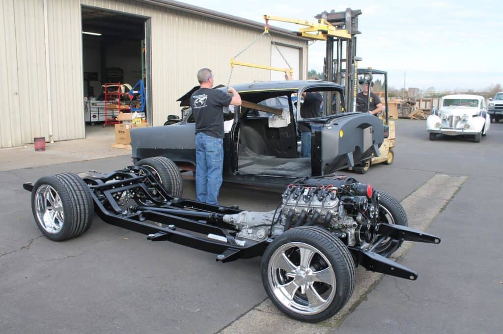 The '55 sits on a multi-link IRS Art Morrison chassis.